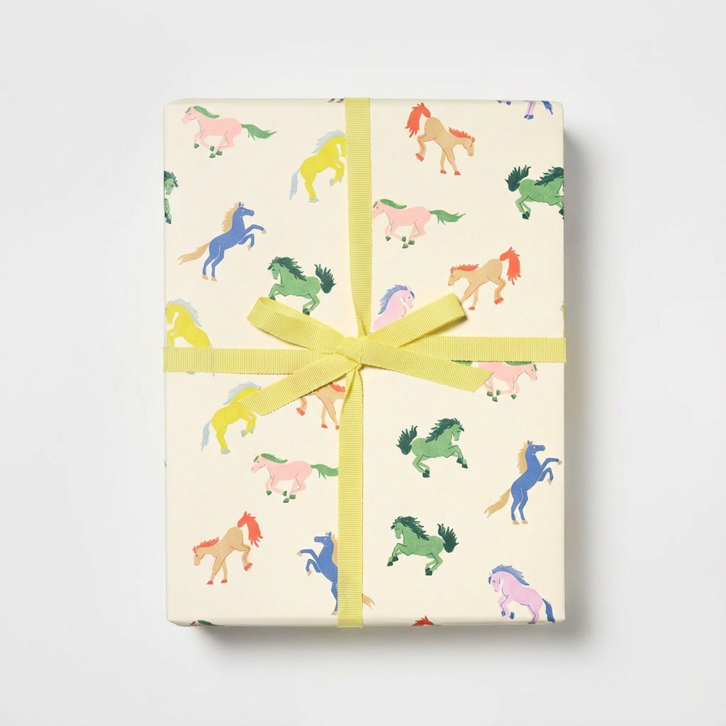 Wild Horses wrapping paper, multi-colored pastel horses on a cream background, wrapped gift tied with yellow ribbon.
