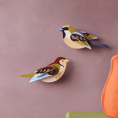 
                    
                      3D Sparrows recycled cardboard model kit, multi-colored with olive, brown, blue, tan details, pair mounted on wall.
                    
                  