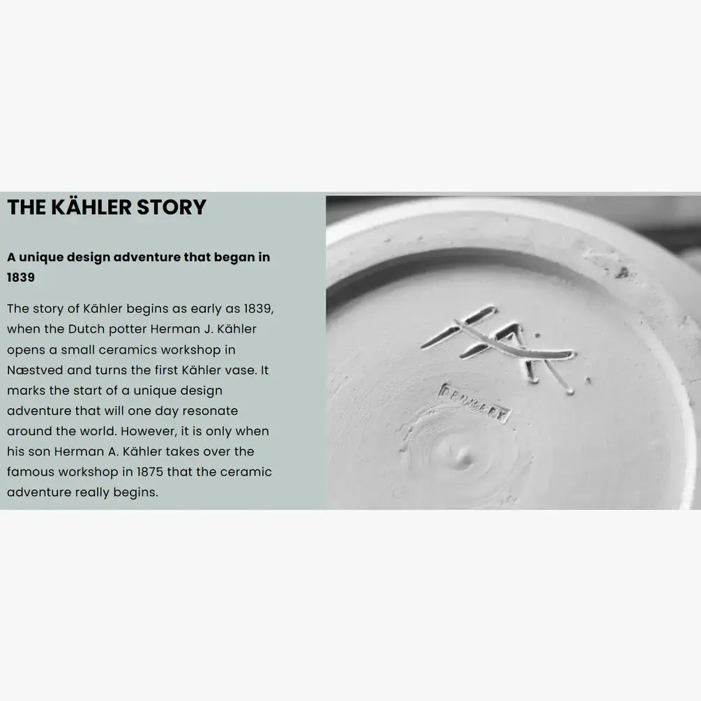 Hammershøi spice grinder, porcelain bottom close-up, revealing the etched Kähler mark and 'DENMARK' text.