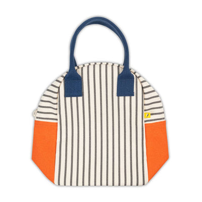 
                    
                      Pencil Stripe Nautical lunch bag, cream and grey striped canvas, orange bottom, navy handles, full front view on white.
                    
                  