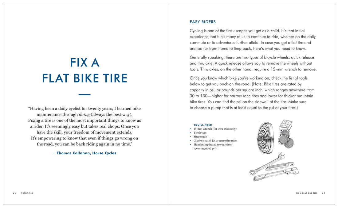 Kaufmann Mercantile Guide book, open to 'Fix a Flat Bike Tire' pages showing bicycle repair tools: wrench, tire levers,…