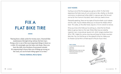 
                    
                      Kaufmann Mercantile Guide book, open to 'Fix a Flat Bike Tire' pages showing bicycle repair tools: wrench, tire levers,…
                    
                  