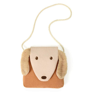
                    
                      Kids' Dog Handbag, beige padded cotton dog face, brown body, fluffy sherpa ears, and braided cream strap, front view on…
                    
                  