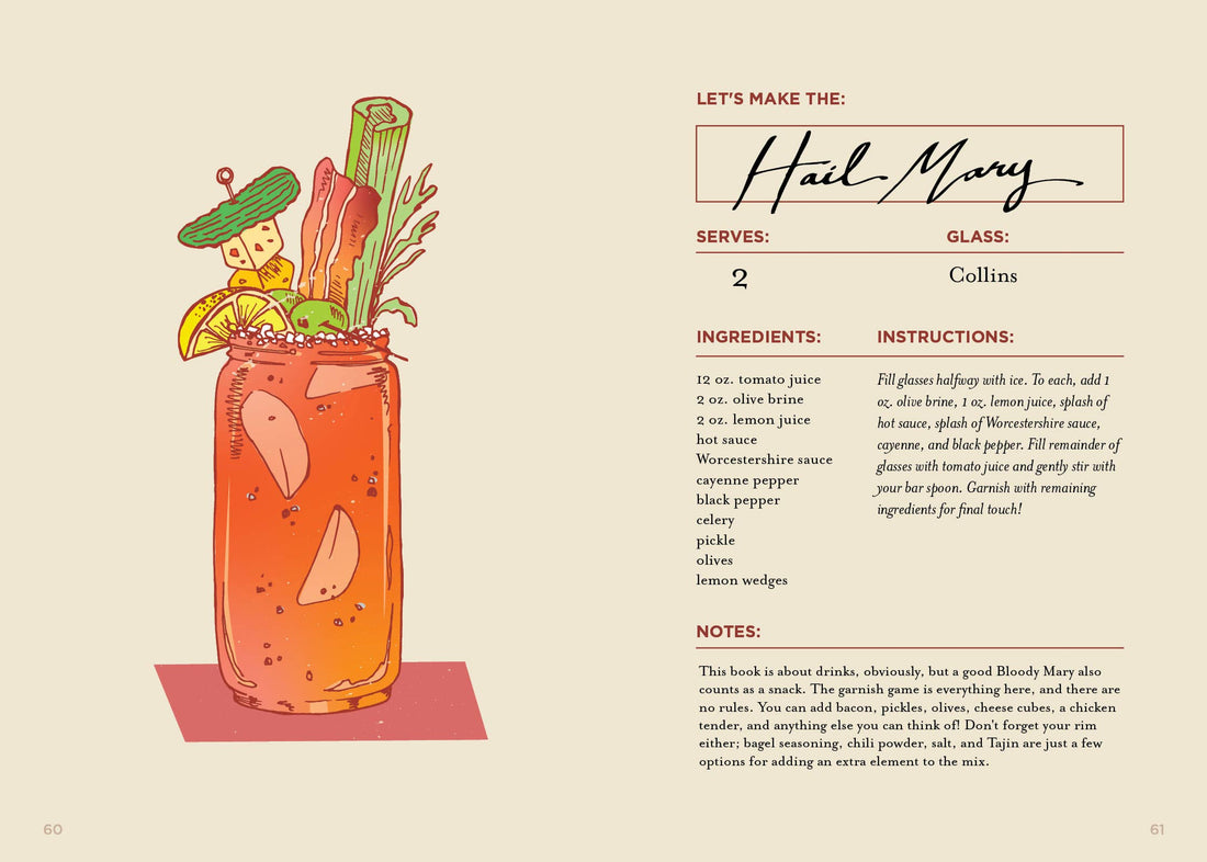 The Booze-Free Bar Cart Book interior page, colorful Hail Mary mocktail recipe with illustrated drink and ingredients.