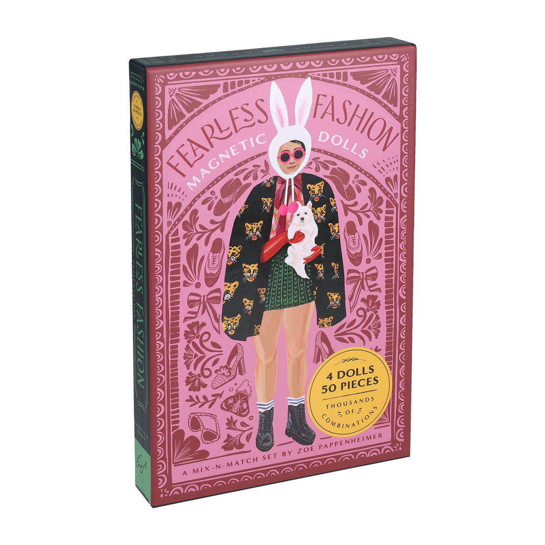 Fearless Fashion Magnetic Dolls set box, pink illustration of doll in leopard coat and rabbit hat, with dark green spine,…