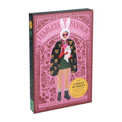 
                    
                      Fearless Fashion Magnetic Dolls set box, pink illustration of doll in leopard coat and rabbit hat, with dark green spine,…
                    
                  