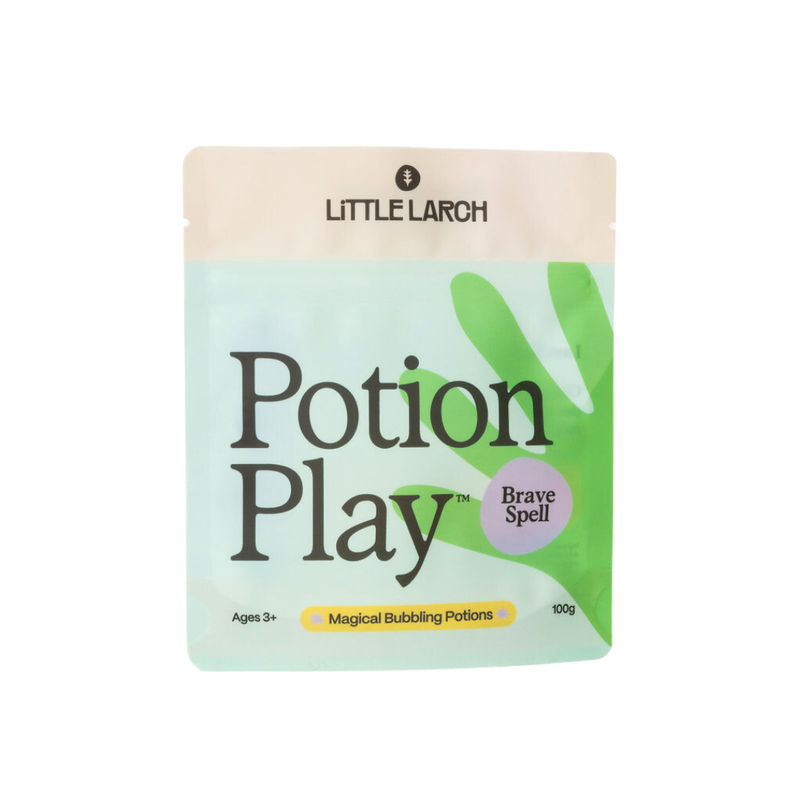 Little Larch Potion Play - Bravery Spell sensory play kit. Light green pouch with dark green hand, purple 'Brave Spell'…