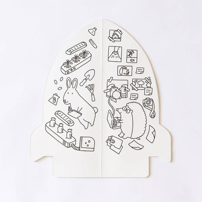 
                    
                      Rocket Coloring Book, open white recyclable pages with black line art of a gardening rabbit and working hedgehog, saddle…
                    
                  