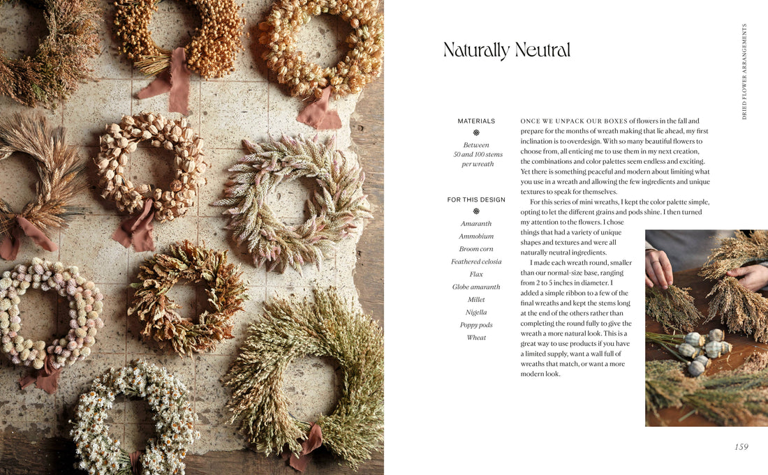 Designing with Dried Flowers book, open to an instructional page showing multiple small, neutral-colored dried flower…