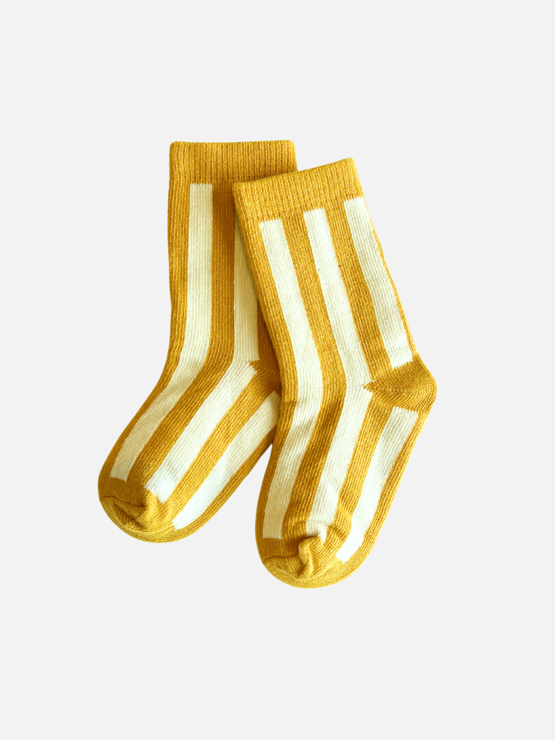 Stripe Sock cotton kids socks, mustard yellow and off-white striped, full flat lay pair.