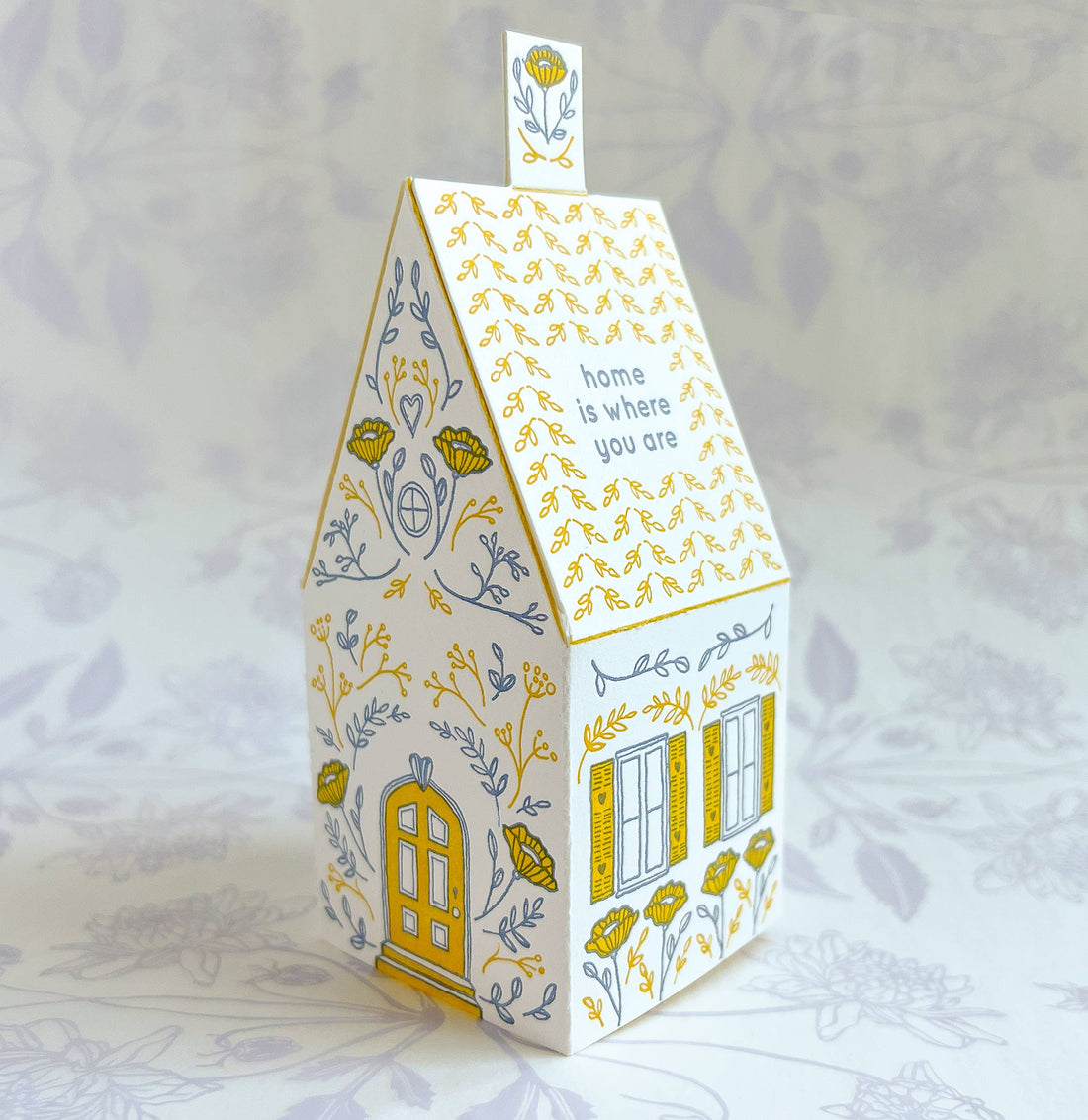 Home Is Where You Are Die-Cut House Card, white cotton paper greeting card with yellow & grey letterpress floral design,…