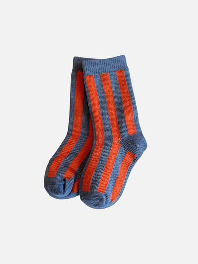 
                    
                      Kids Stripe Sock, blue and orange striped cotton kids socks, folded flat lay pair top-down view.
                    
                  