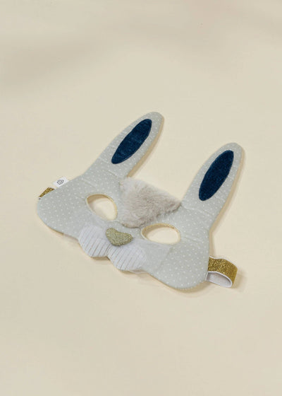 
                    
                      Fantastic Bunny play mask, gray polka dots, plush dark blue ear inserts, gold glitter heart nose & elastic, angled close-up
                    
                  