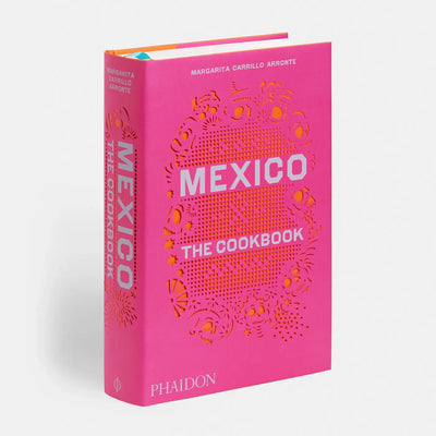 
                    
                      Mexico: The Cookbook, vibrant pink cover with intricate orange papel picado embossed design, angled view showing front and…
                    
                  