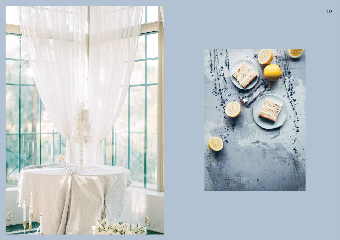 Queen of the Cakes interior book page: layered cake slices with lemons, lavender, and a white tiered cake.