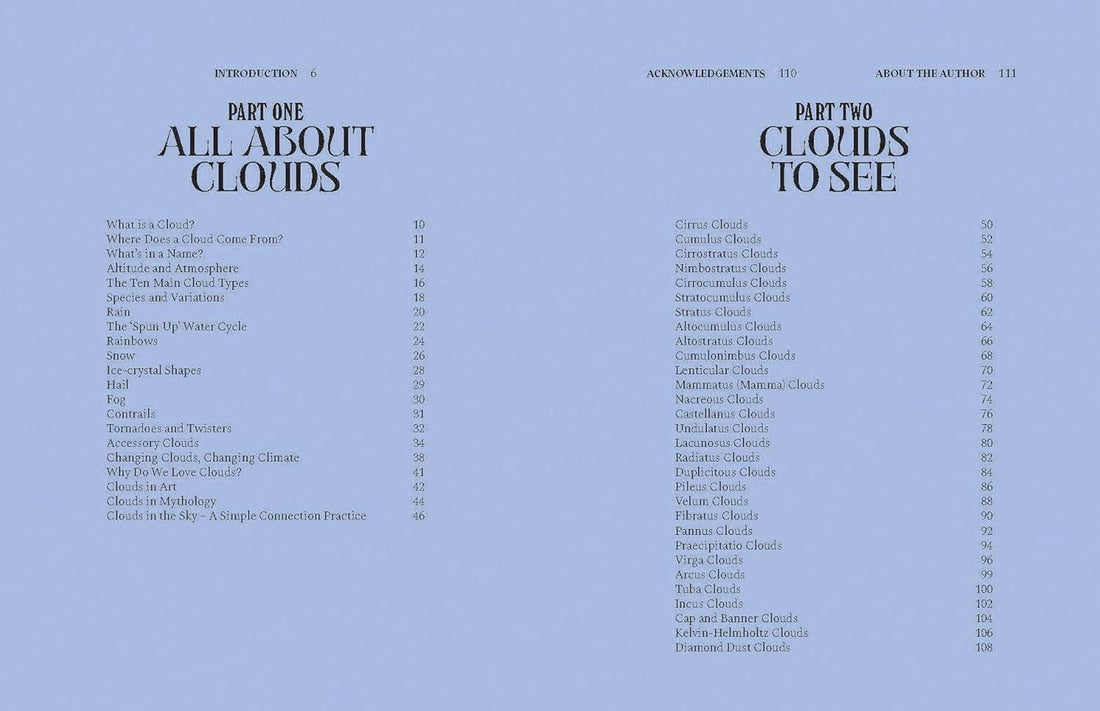 Clouds nature guide book, open to light blue pages showing detailed table of contents, inside view.