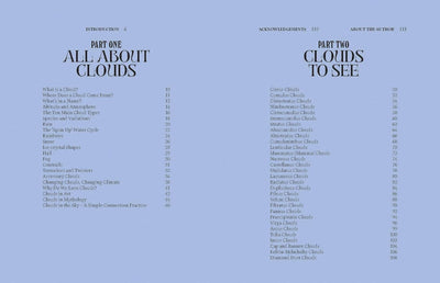 
                    
                      Clouds nature guide book, open to light blue pages showing detailed table of contents, inside view.
                    
                  