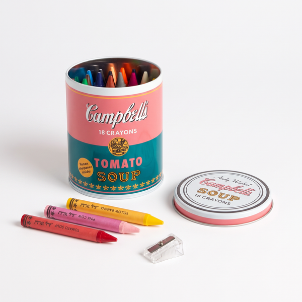 Chronicle Books Andy Warhol Soup Can Crayons + Sharpener studio product photo on a neutral off-white background