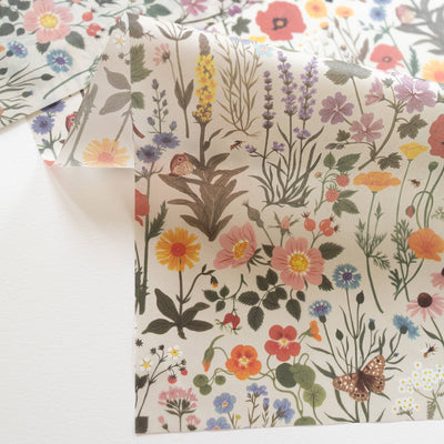 
                    
                      Botanist tissue paper, folded close-up. Detailed colorful wildflower botanical pattern with flowers, butterfly, bee on…
                    
                  