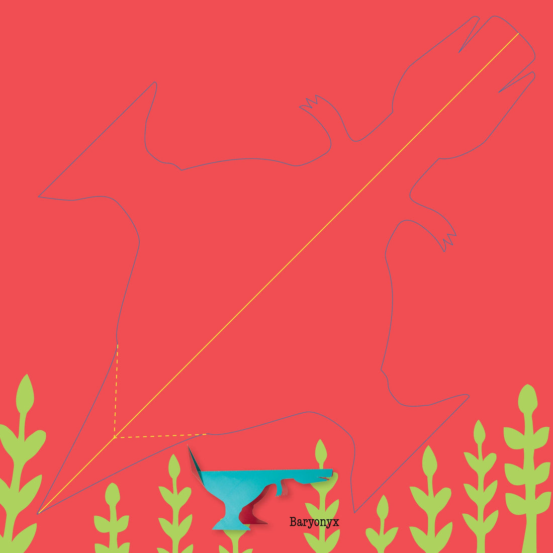 Dinosaurs Fold & Play Origami Kit showing a completed teal and red paper Baryonyx model with folding outline.