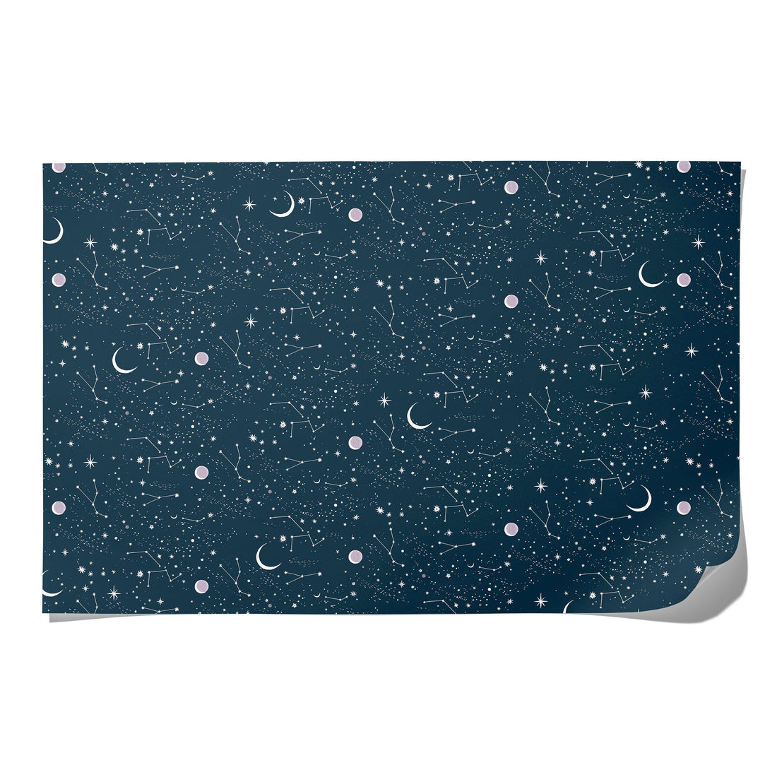 Moon and Stars wrapping paper, dark blue with white constellations, stars, and pink moons, single sheet view.