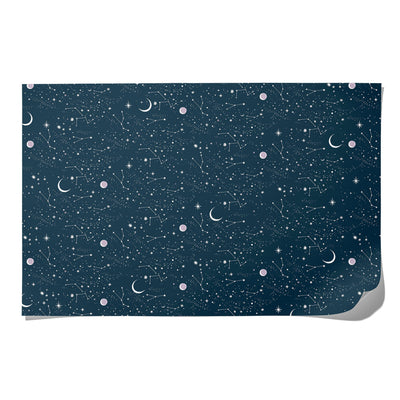 
                    
                      Moon and Stars wrapping paper, dark blue with white constellations, stars, and pink moons, single sheet view.
                    
                  