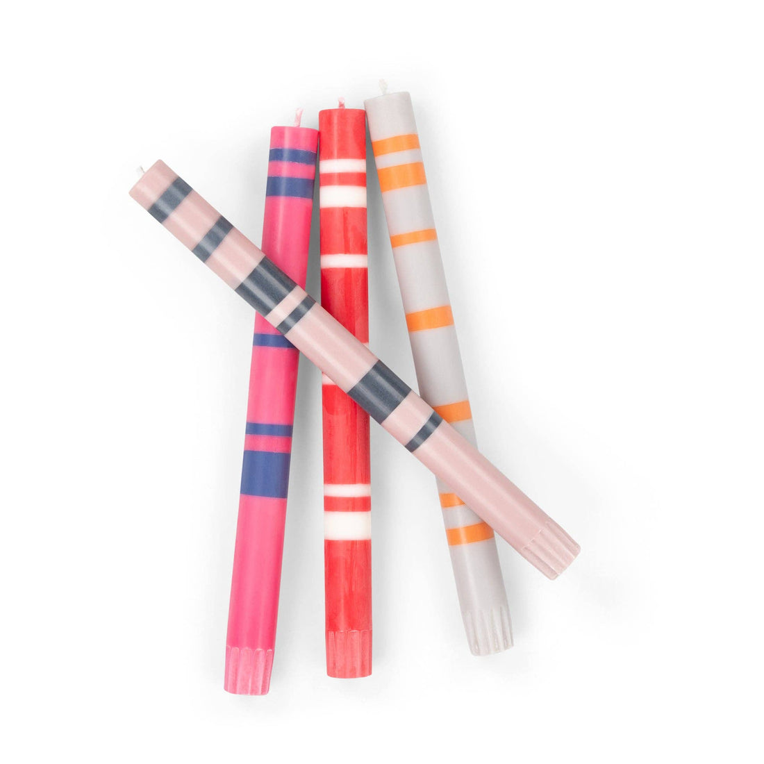 Reds And Pinks Striped Dinner Candles set of four: red/white, pink/blue, grey/orange, light pink/dark grey patterns,…