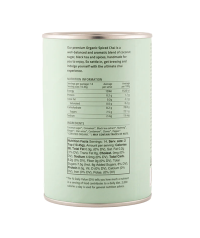 
                    
                      Organic Spiced Chai Powder light green tin, side view showing full ingredients list and nutrition facts label.
                    
                  
