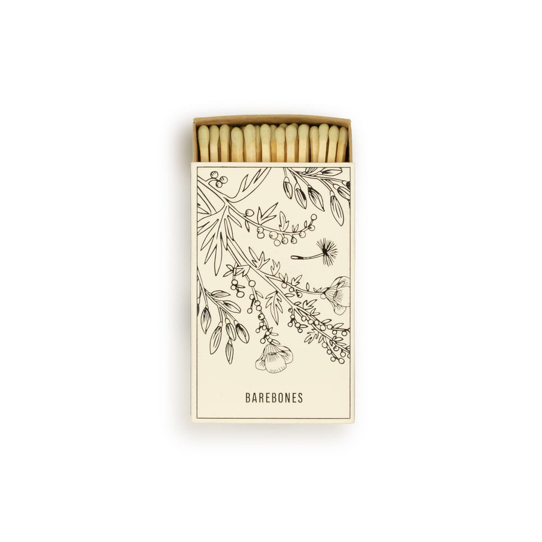 Botanical Matches, open kraft paper matchbox with light green-tipped matches. Cream box front features black botanical line…