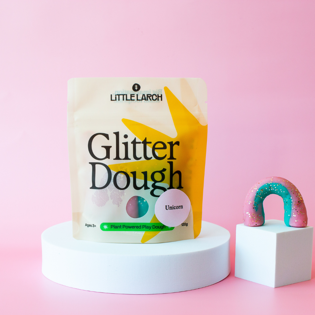 Little Larch Glitter Dough Unicorn package on a pink background