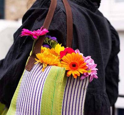 
                    
                      Woven Market Tote shopper bag, Doge, Pearl & Grass striped recycled cement sack material, brown webbing handles, carried…
                    
                  