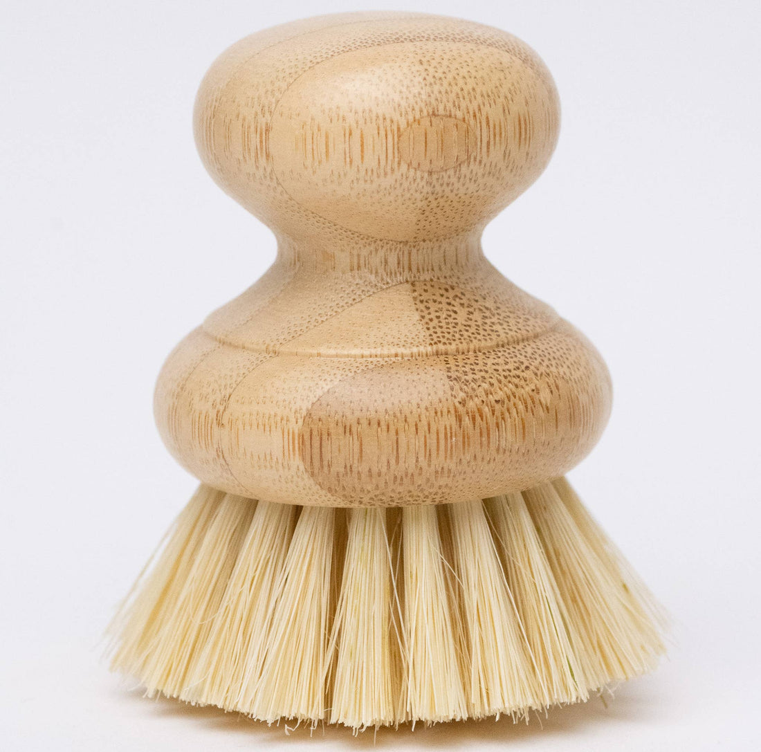 Casa Agave cleaning brush, light Moso bamboo handle with natural grain, natural agave fiber bristles, detailed front view.