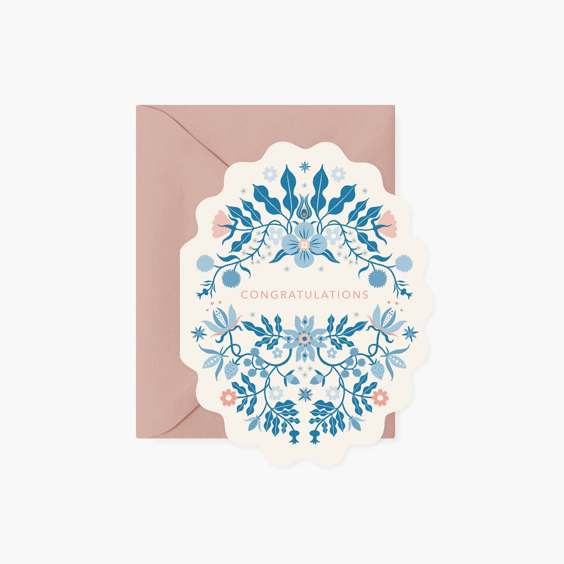 Botanica Paper Co. Folk Congratulations Greeting Card, scalloped with blue/coral folkloric floral pattern, 'CONGRATULATIONS'…