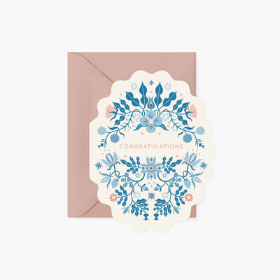 
                    
                      Botanica Paper Co. Folk Congratulations Greeting Card, scalloped with blue/coral folkloric floral pattern, 'CONGRATULATIONS'…
                    
                  