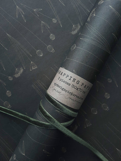 
                    
                      Botanical Wrapping Paper roll, dark grey recycled kraft with light line art illustrations, detailed view with green velvet…
                    
                  