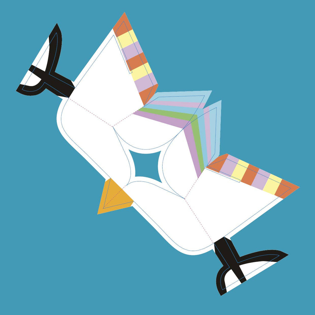 Birds Fold & Play Origami Kit paper template, two white birds with colorful striped wings and tails, showing fold lines for…