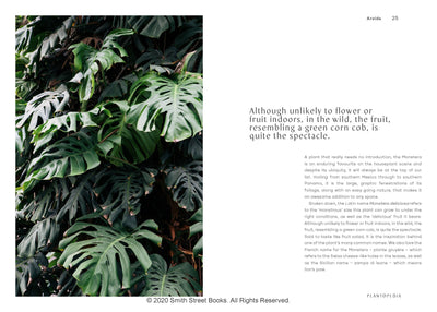 
                    
                      Plantopedia book, full page spread with close-up of dark green Monstera deliciosa leaves and plant description text.
                    
                  