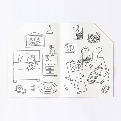 
                    
                      Jumbo House coloring book, open to interior pages with a sleeping creature and an artist squirrel. Black line art on white…
                    
                  