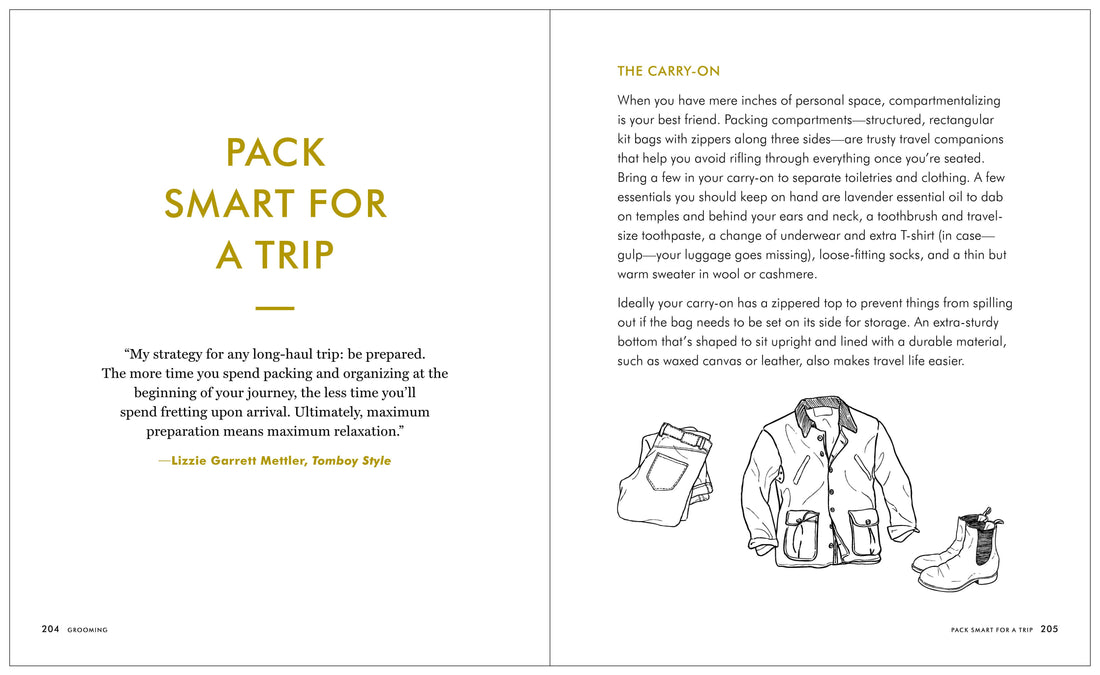 Kaufmann Mercantile Guide print book, open to 'Pack Smart for a Trip' spread, gold/black text, travel clothing line art.