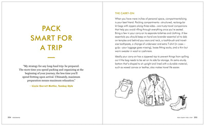 
                    
                      Kaufmann Mercantile Guide print book, open to 'Pack Smart for a Trip' spread, gold/black text, travel clothing line art.
                    
                  