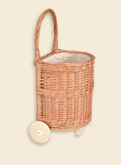 
                    
                      Wicker Shopping Caddy, natural woven willow, solid wood wheels, and natural cotton fabric liner, full angled view
                    
                  