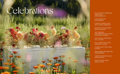
                    
                      Designing with Dried Flowers book, interior page with 'Celebrations' chapter, vibrant dried and fresh flower arrangements,…
                    
                  