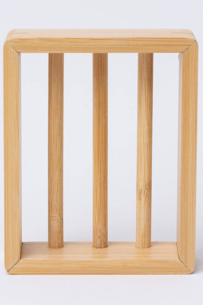 
                    
                      Moso Bamboo Soap Shelf, natural bamboo wood grain, upright view of vertical drainage slats.
                    
                  
