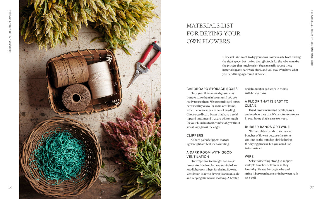 Designing with Dried Flowers book interior page with 'Materials List', flat lay with twine, red clippers, and bunches of…