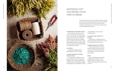 
                    
                      Designing with Dried Flowers book interior page with 'Materials List', flat lay with twine, red clippers, and bunches of…
                    
                  