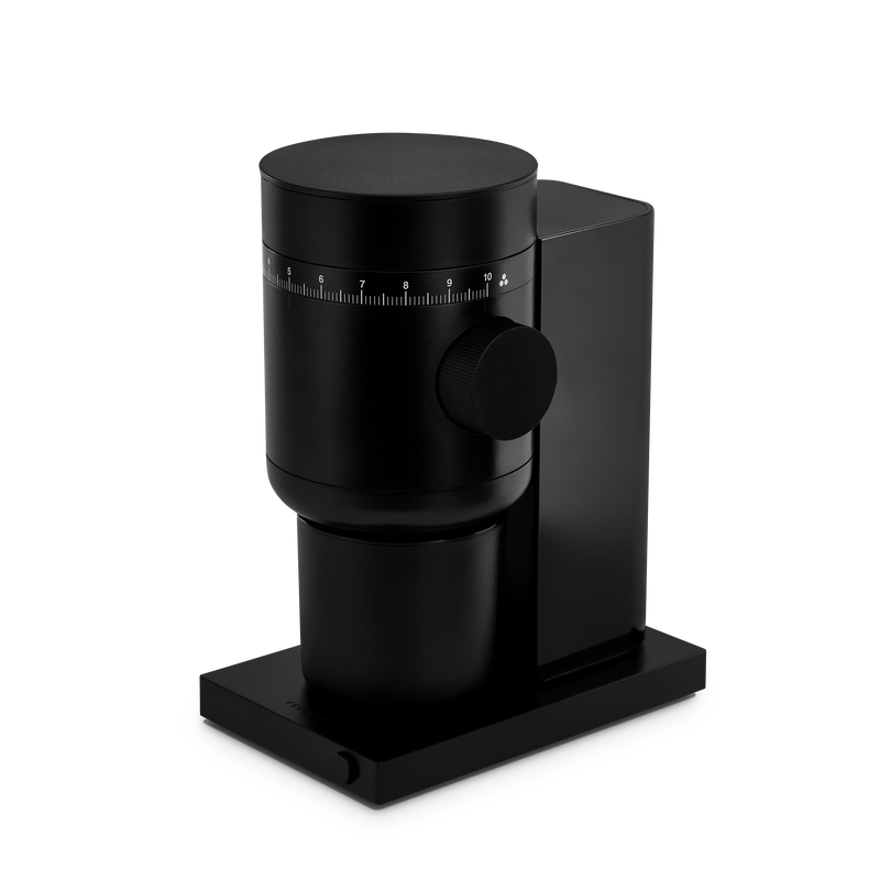 Fellow Opus 2 conical burr grinder, matte black finish, front 3/4 view on white background.