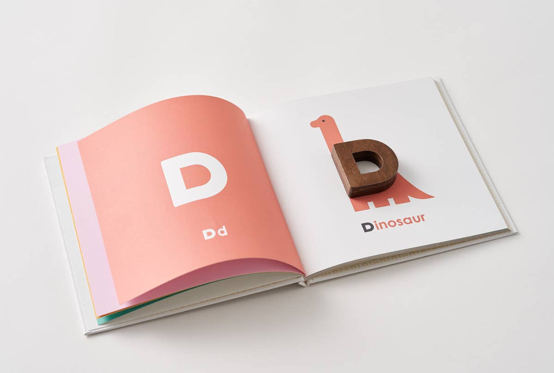 Alphabet Play Blocks: dark walnut wood letter D block on an open book's coral page, featuring a dinosaur illustration.