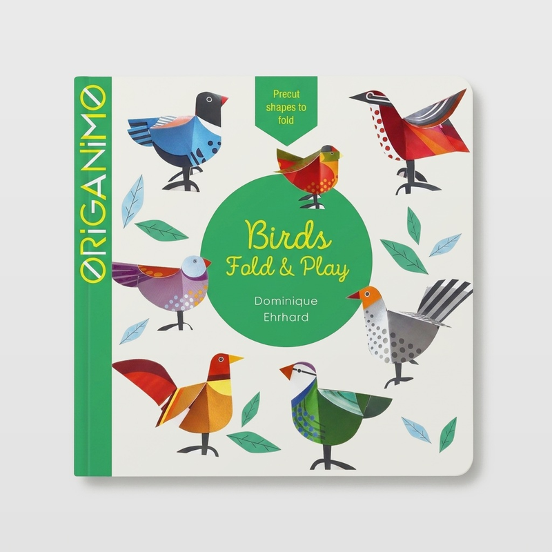 Schiffer Publishing Birds Fold & Play origami kit, paper, with colorful bird illustrations on front cover, front on white.