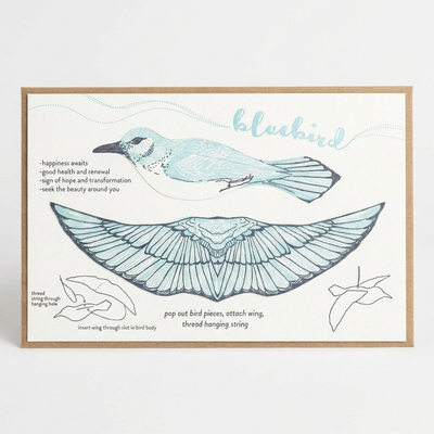 
                    
                      Bluebird Pop-Out 3D build kit, blue bird illustration and assembly instructions on white cotton paper, full unassembled card…
                    
                  