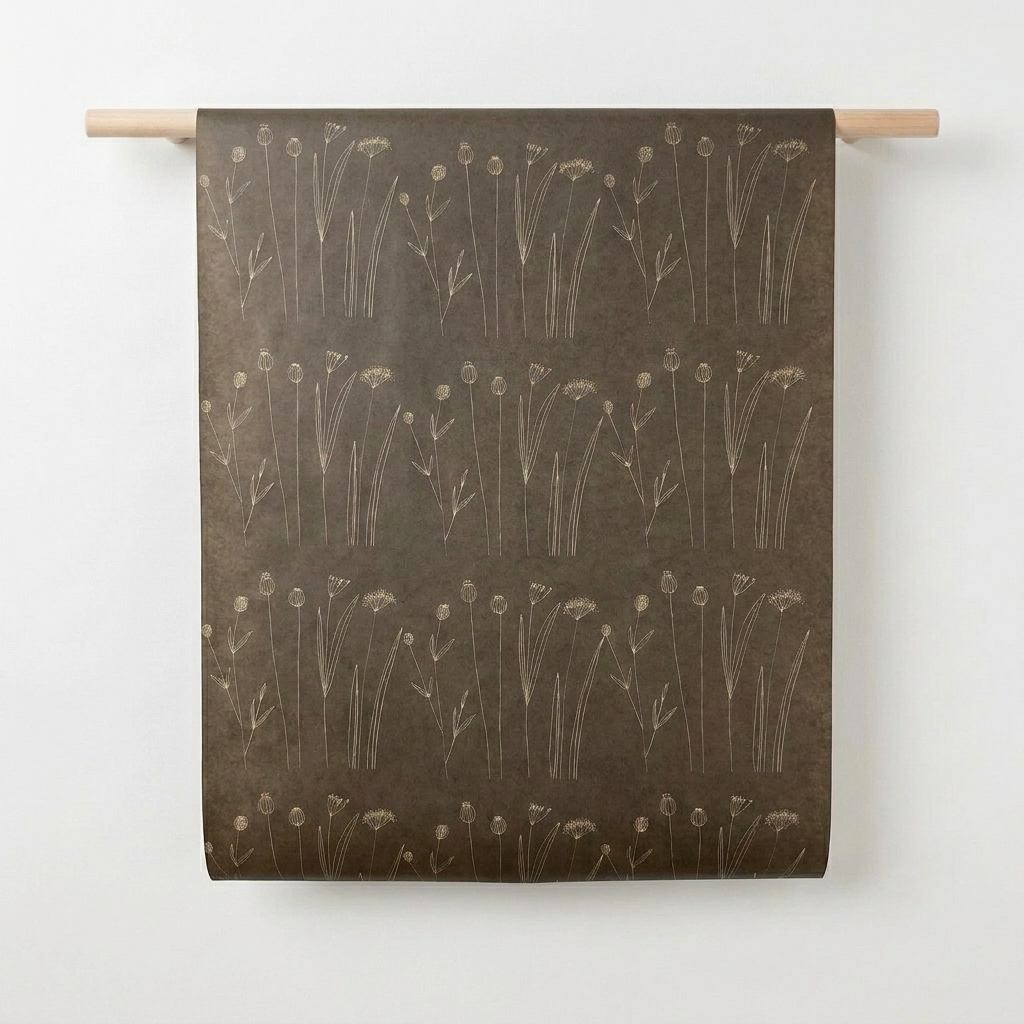 MyDesignPictures Botanical Wrapping Paper, dark olive-brown recycled kraft paper with light botanical line art, unrolled on…